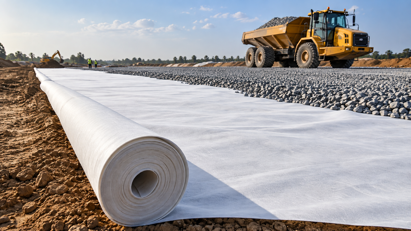 Geotextile membrane being laid at construction site